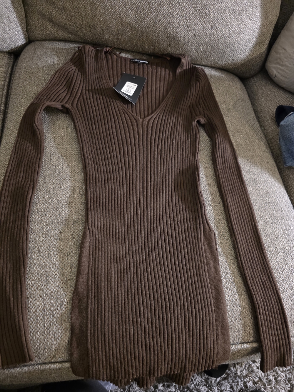 Fashion Nova Brown Ribbed V-Neck Sweater Dress